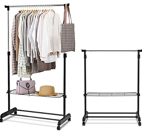 RELAX4LIFE Stand Appendiabiti con 4 Ruote in Acciaio (84×42×92-168cm) | Appendiabiti da Terra Regolabile in Altezza con Asta Estensibile e 2 Ripiano, per Ingresso/Balcone/Camera da Letto