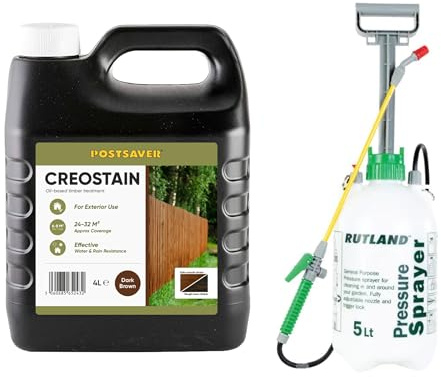 Postsaver Creostain Creocote & Sprayer | Oil Based Timber Wood Treatment | Creosote Substitute | Ideal for Fences & Sheds | 4 Litre + Sprayer (Dark Brown)