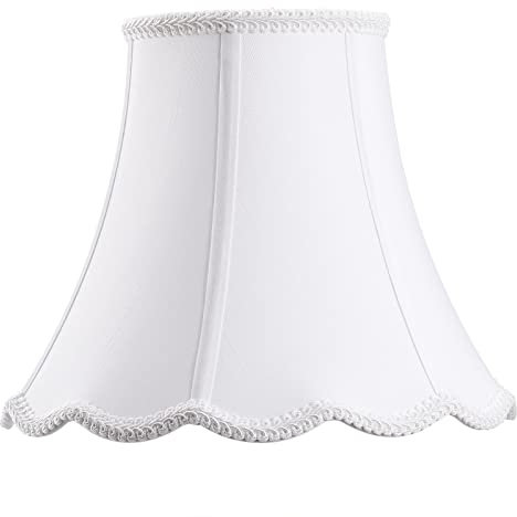 Saangseon White Bell Scalloped Lampshade, 7 Top x 14 Bottom x 10 Vertical Height, Solid Lamp Shade Replacement with Brass Harp Set for Table Lamp, Double Layer Polyester Fabric Lamp Cover, Pack 1
