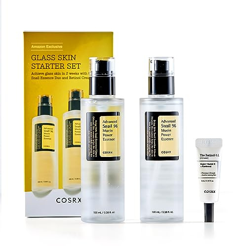 COSRX Snail 96% Mucin Power Essence 2ea & Retinol 0.1% Cream Mini Sample 1ea, Glass Skin Starter Set, Amazon Exclusive, Daily Hydrating & Firming Korean Skin Care Kit, Gift Set, Mothers Day Gifts