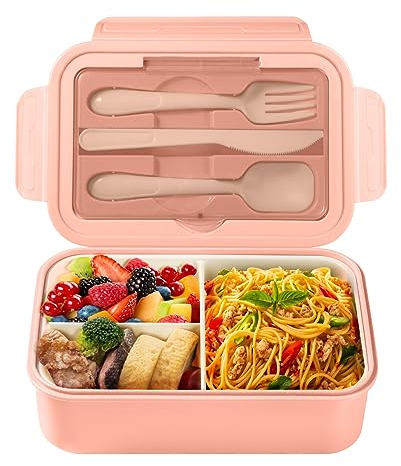 Diboniur Fiambrera con 3 Compartimentos y Cubiertos Infantil Adulto, 1400ml Lunch Box Fiambrera Hermetica Comida Trabajo Escuela Picnic Microondas (Rosa)