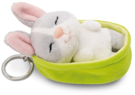 Llavero Mascotas dormilonas Conejo Gris 8cm en canasto Verde - para Colgar en la Llave, Bolso, Mochila, y Mucho más, para niños y Adultos