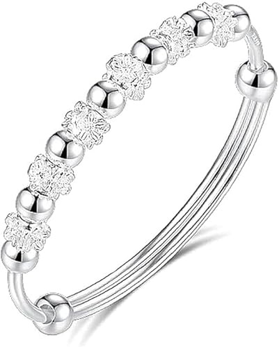 Difistik 925 Sterling Silver Bead Spinner Bangle Bracelet Adjustable Freely Unzip Tools Open Anxiety Bracelet Jewelry Gift for Women Girls Ladies Birthday Valentine Gift