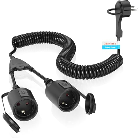 3M Verlängerungskabel Spiralkabel, 1 bis 2 Schutzkontakt Spiralkabel Dehnbar von 3M Max, IP20 Verlängerungskabel mit 2 Schuko Steckdosen für Garten, Baustelle(250V/16A, Schwarz)