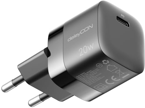 deleyCON USB C-Laddare (Kompakt Snabbladdare) USB-C-Strömadapter för iPhone 16, 15, Pro, Pro Max, IPad, AirPods 4, Airpods Max, Klocka, Galaxy S25/S24/S23, Pixel, Mobiltelefon, PD 3.0-Laddare - Svart