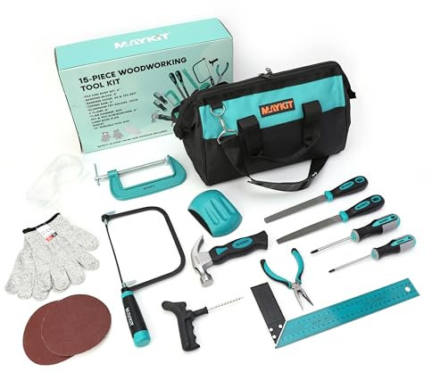 MAYKiT 15-Piece Woodwork Tool Kit for Kids and Adults, Beginners Carpentry Tools with Storage Bag, Tool Set for DIY Wood Projects