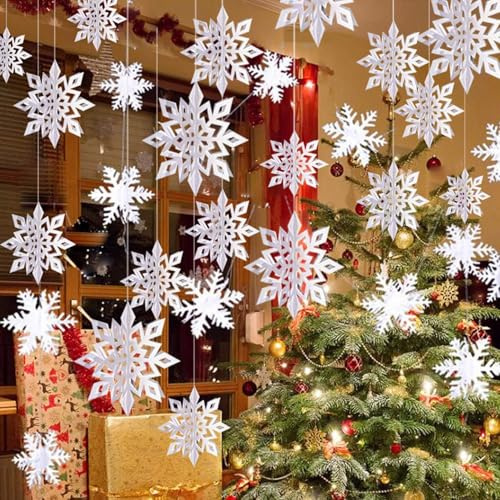 12 piezas de guirnalda de copos de nieve 3D para colgar con cuerda para decoración navideña, decoraciones de árbol de Navidad, decoraciones colgantes de copos de nieve, decoración de país de las