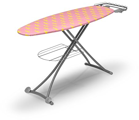 Swan X Lynsey Grande Table à Repasser avec Hauteur réglable, Housse Lisse avec Technologie réfléchissante, Pieds antidérapants, Housse Rose et Corps Gris