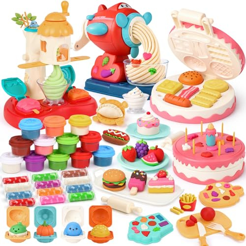 Dreamon 3 in 1 Knete Dough Set für Kinder - Spielküche Zubehör ab 3 4 5 Jahre, Knete Eismaschine Knetmaschine, Knetwerkzeug Kinder mit 12 Knetmasse, Kinderknete Spielzeug Geschenk Mädchen Junge