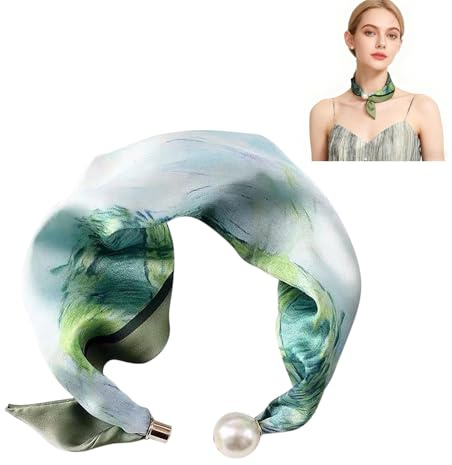MIUPOO Magnetic Pearl Scarf,Satin Scarves for Women,Classic Printing Scarf,Elegant Neck Tie,Hair Bandanas Scarves,1 Piece. (1, green)