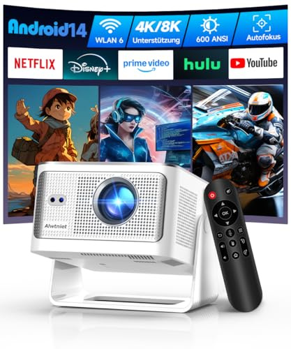 Alwtniet Proyector Portatil 4K 8K, Native Full HD 1080P Mini Projetor Android 14, WiFi 6 Bluetooth 5.4, Autoenfoque 6D Auto Keystone 180° Rotación para Cine Móvil en Casa Smart TV Tiro Ultra Corto