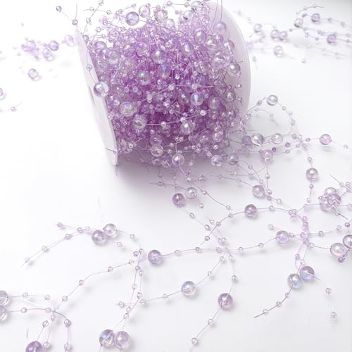 TeaSu Pearl Bead Garland, Faux Iridescent String of Pearl Beads Decorations for Home, Wedding & Party, Multi Strand Design, 8mm 3mm, 13ft (Light Purple)