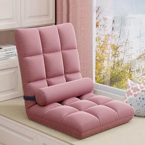 MESCXTY Justerbar golvstol, hopfällbar soffstol med ryggstöd och ländryggskudde, ergonomisk sammetsstoppning för läsning och lek hemma (rosa)