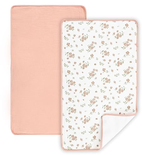 Jundetye Waterproof Portable Changing Pad 2 Pack, Muslin Cotton Baby Changing Mat Comfortable & Breathable, Foldable Diaper Changing Pad for Travel, Machine Washable, Flower & Pink