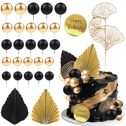 25 PCS Decoracion Pastel Bolas, Boho Decoración para Tartas, Decoracion Tartas Cumpleaños: Palmeras y Hojas de Ginkgo Topper para Tartas, para Cumpleaños, Bodas, Baby Shower (Negro Oro)