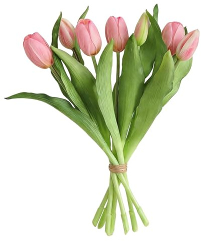 EnixwH 7 st realistiska falska tulpaner falska blommor falska växter som ser ut som äkta konstgjorda tulpaner för bröllopsbukett bord dekoration hem fester kontor hotell gör-det-själv (ljusrosa)