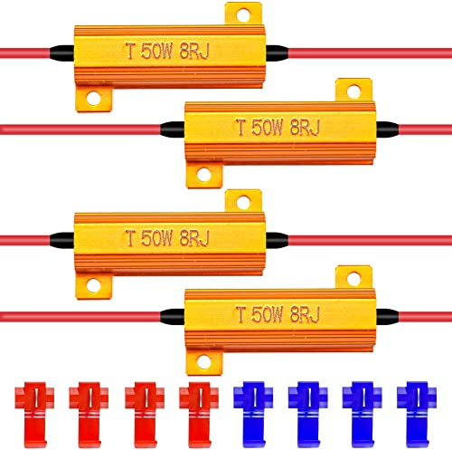 KATUR 4 x 50 W 8 Ohm LED-Lastwiderstände für LED-Blinker, Kennzeichenbeleuchtung oder Tagfahrlicht – Fix Hyper-Flash, Warnunterdrücker mit 8 Schnellkabel-Clips