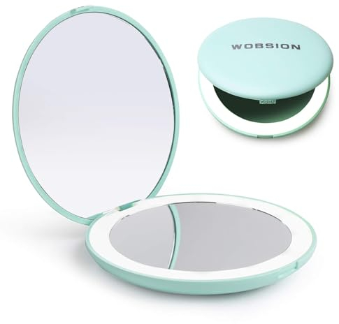 WOBSION Compact Mirror with Light, 1x/10x Magnifying Travel Makeup Mirror, LED Pocket Mirrors for Purse and Handbag, Handheld 2-Sided Small Folding Mirrors, Round, Cyan