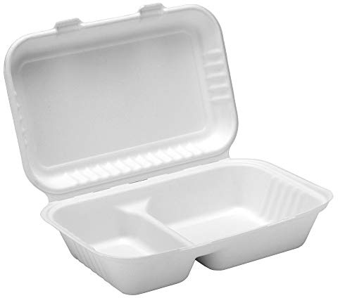 Thali Outlet - 100 x Biodegradable 9.6 White 2 Compartment Lunch Box Strong - Bagasse Disposable Paper Hot Food - Great for Take Away's/Cafe's/Events/Professional/Parties