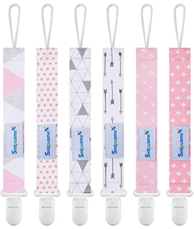 Smlpuame Baby Schnullerkette Mädchen,6 Stück BPA-Frei Schnullerband Stoff Mädchen,Schnuller Kette Nuckelkette Passen Die Meisten Schnuller und Beißspielzeug,Dummy Clips für Baby(Rosa,Grau)