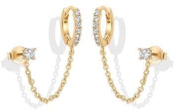 PAVOI 14K Gold Chain Earrings for Women | Double Piercing Dangle Chain Huggie Hoop Earrings | Cubic Zirconia Pearl Stud Ear Cuff Earrings for Women