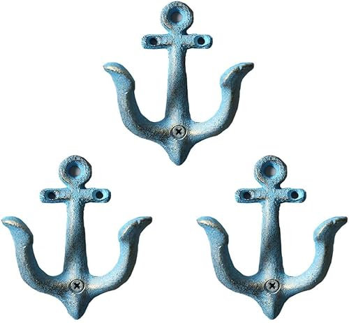 TentHome 3 ganchos de pared antiguos de hierro fundido, para decoración marítima, ancla de armario, doble gancho para colgar de pared, ganchos de jardín vintage (azul)