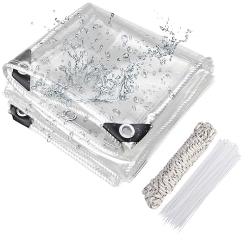 Transparente Plane mit ösen 420g/m² 2x4m, Abdeckplane Zeltplane Wasserdicht mit Seil und Kabelbinder, PVC Material Wetterfeste Plane zum Regenschutz für Pflanzen Gewächshaus Gartenmöbel