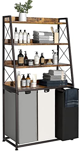 Herture 180L Laundry Basket 3 Compartments, Laundry Hamper with 4 Tiers Shelf, Laundry Sorter with 3 Large Pull-Out Removable Laundry Bags, 3 x 60L, for Bathroom Utility Room, Rustic Brown PF05XLN