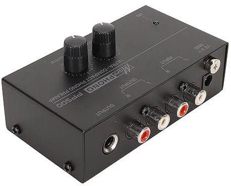Phono Turntable Preamp, PP500 Ultra Low Noise Mini Audio Stereo Phonograph Preamplifier with Independent Volume Control, for LP Record Player, RCA In/Out, 1/4in Output (UK Plug)