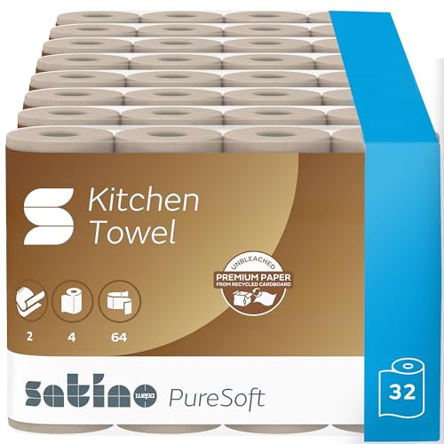 Satino PureSoft Küchentücher 2-lagig – extra saugstark & besonders umweltfreundlich dank 100% Recyclingpapier – Made in Germany – 100% recycelbar – Großpackung mit 32 Rollen - 64 Blatt je Küchenrolle