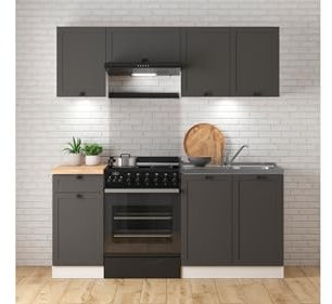 BLACK RED WHITE Küchenzeile Junona Line 180 cm mit Arbeitsplatte in Grafit, Set mit Eichenoptik, Oberschränke und Unterschränke in Weiß und Grafit