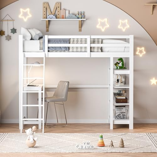 Fofetbfo Lit Mezzanine 90 x 200 cm, LIt Enfant avec Rangement sous Le lit, LIT Double avec 4 Compartiments de Rangement et Bureau sous Le lit, Sommier à Lattes en Bois, Blanc