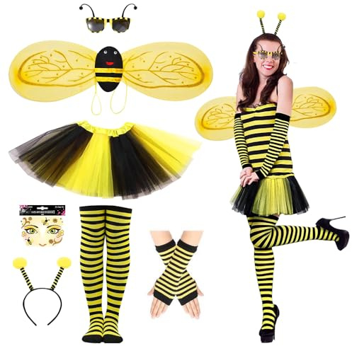 XPJBKC Déguisement Abeille Femme, 7 Pièces Déguisement Femme Abeille, Costume Abeille Carnaval Femme avec Jupe en Tulle Lunettes d'abeilles Serre-tête Surbottes Gants Ailes d'abeilles Autocollants
