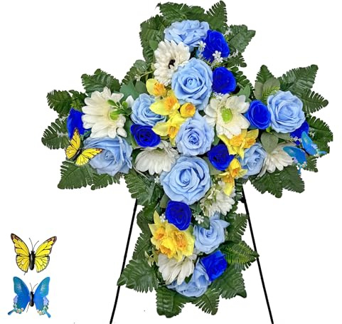 MUVIC Cemetery Flower Wreaths for Grave Decorations, Memorial Floral Cross with Easel Stand,Blue Rose Gerbera Narcissus-28 Inch