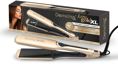 Demeliss Saint Algue Lisseur Kera-GOLD XL - Plaques Larges Kératine - 14 Températures - Écran Digital - Cordon Rotatif 360° - Lissage Professionnel - Adapté à Tous Cheveux - Écran Digital
