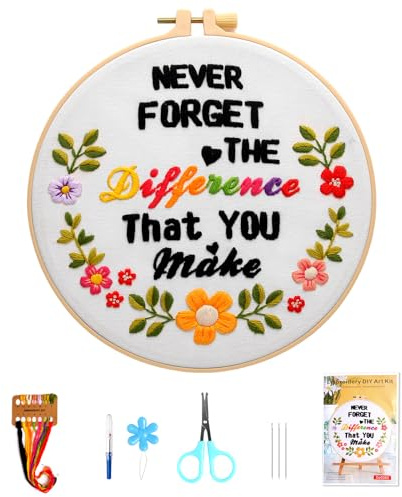 VUEJIC broderisats för nybörjare och vuxna, design med blommor och bokstäver (glöm aldrig skillnaden du gör)