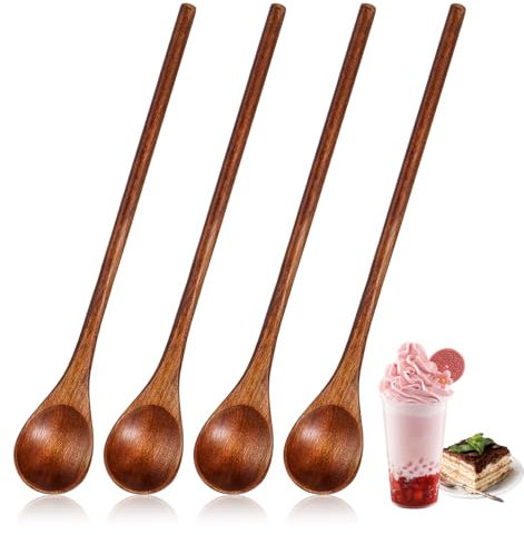 Honey Spoon Wooden, 4 Pcs 20 cm Long Wooden Teaspoons, Honey Spoon for Coffee, Honeys, Tea & Ice Cream, Easy to Clean & Hold for Kitchen, Bar, Restaurant (Brown)