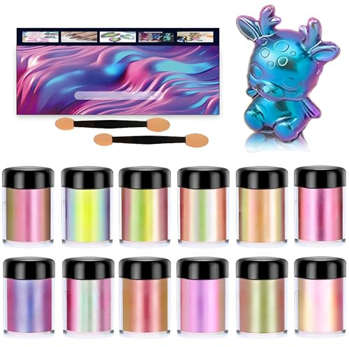 XSQD 12 Lattine Polvere di Mica, Colori per Resina Epossidica, Camaleonte Lucido Multi Riflettente, Adatto per Fabbricazione Sapone, Miscelazione Resina, Verniciare Stampo Cambiare Colore(5g/Lattina)
