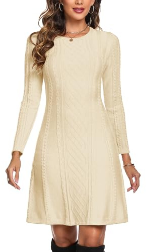 Aottori Vestito Donna Invernale Maglione Lungo Elegante Abito in Maglia Manica Lunga Vestiti Pullover Vita Alta Mini Abito Aderente di Orlo Svasato a Trapezio Beige M