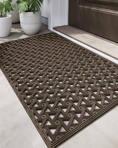 DEXI Front Door Mat Outside Entrance Rubber 24x36, Welcome Floor Doormat Heavy Duty Non Slip, Dirt Trapper Waterproof Exterior Entry Mats All Weather for Patio Entryway Drainage, Brown