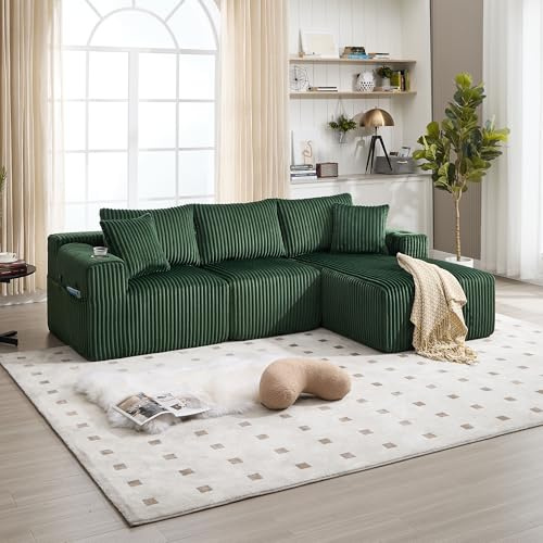 Canapé 3 Places en Forme de L avec 5 Coussins, Canapé modulable avec Poches latérales et Porte-gobelets, Fauteuil rembourré avec avec Chaise Longue et 2 Places, Velours et Haute densité Émeraude