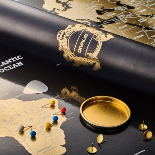 Extra Grande Carte du Monde à Gratter Noir et Doré Facile à Encadrer - Taille XL Poster du Monde Grattable 87x55 cm - Mappemonde pour les Voyageurs - Kit d'accessoires Inclus - Scratch off World Map