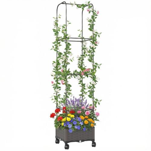Outsunny Upphöjd säng med spaljé, mobil blomlåda med rulle, dräneringshål, planteringslåda av plast, planteringskruka, blomkruka, ranklåda för klätterväxter, trädgård 40 x 40 x 185 cm