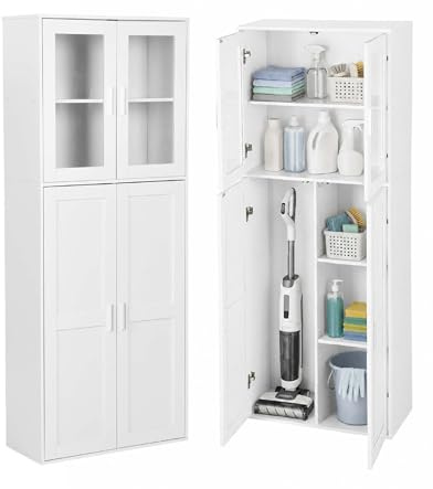 Xinyvee Armadio Multiuso per Scope e Aspirapolvere | Armadietto Lavanderia in Legno con Ripiani e Asta | Mobile Porta Scope Pratico con Ventilazione per la Pulizia 65x30x165cm
