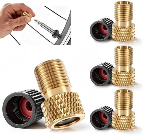Lot de 4 adaptateurs de valve de vélo en laiton Presta Schrader + 4 bouchons de valve, convertisseur de valve universel pour valves Presta Dunlop, accessoires de vélo, adaptateur de pompe à air