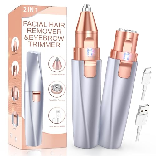 Eyebrow & Facial Hair Removal for Women: 2 in 1 Rechargeable Eyebrow Trimmer & Face Shaver, Painless Electric Facial Eye brow Razors Epilator with Built-in LED Light -Perfect for Face, Lips & Body