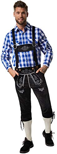 dressforfun 900816 Läderbyxor för män med remmar, knäbyxor i klassiskt utseende, med ädla, vita broderier – olika storlekar – (S| Nr 302840)