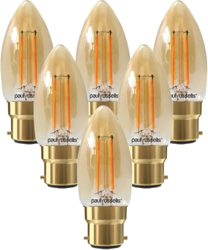 paul russells LED Candle Filament Light – 2.5W 20W Equivalent Replacement, 200LM Lumens, 2200K Extra Warm White, BC B22 Bayonet Cap C35 Bulbs – Energy Saving Non-Dimmable Lamps - 6 Packs