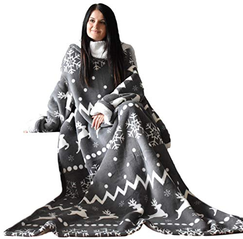 HOMELEVEL Coperta con Maniche Lunghe - Plaid Invernale Braccia Coperte - Poncho Pile - Coperta Divano 150x200cm - Tessuto Sherpa - Design Norvegese