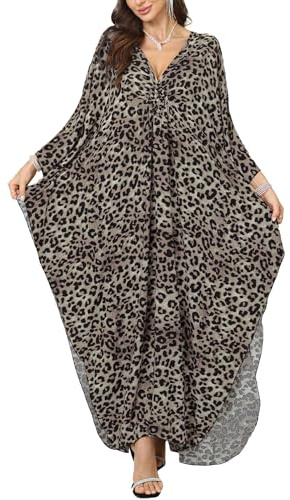 LikeJump Women's Bohemian V Neck Kimono Maxi Swimsuits Kaftan Bikini Cover Ups Summer Beach Dress Tops Leopard